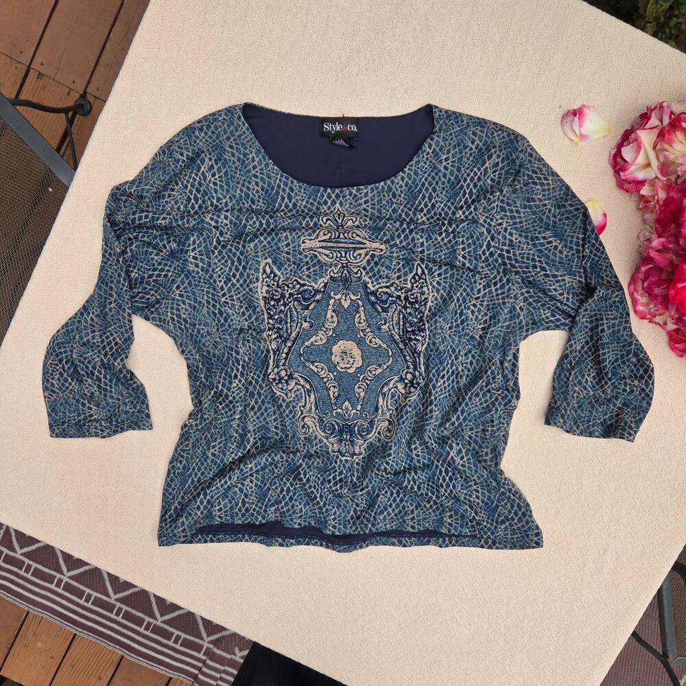 blue baroque print nylon top xl whimsigoth ♡